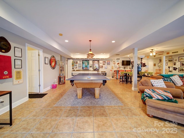 recreation room with light tile patterned floors, ceiling fan, and pool table