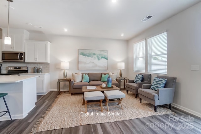 living room with dark hardwood / wood-style floors