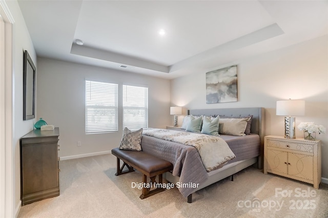 carpeted bedroom featuring a tray ceiling