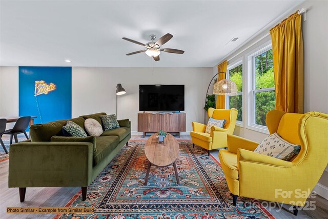 474 Hague Dr, Columbus, NC 28722 - living room featuring a ceiling fan, wood finished floors, recessed lighting, and baseboards