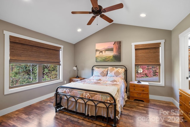 bedroom featuring ceiling fan, lofted ceiling, and dark wood-type flooring