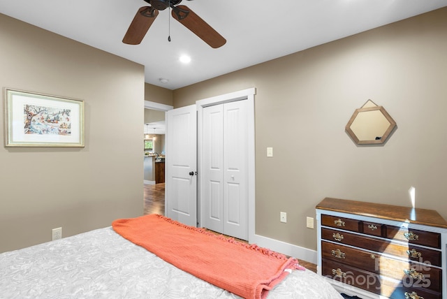 bedroom featuring a closet and ceiling fan