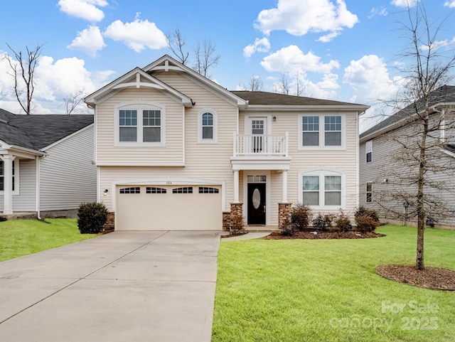 view of front of house featuring a balcony, a garage, and a front lawn