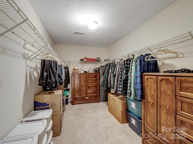 spacious closet featuring light carpet