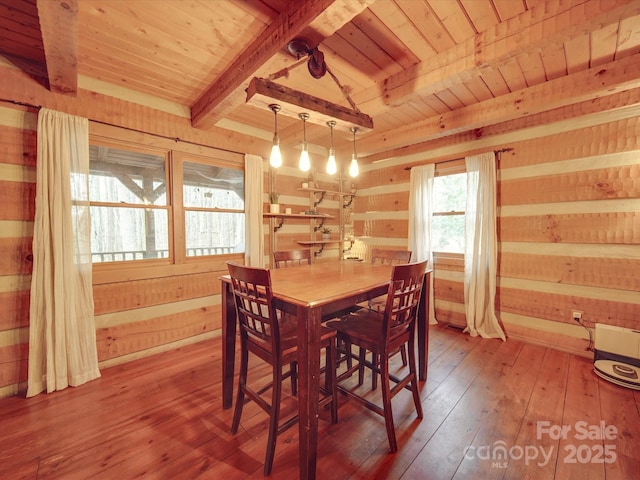 dining space with hardwood / wood-style flooring, beamed ceiling, wooden walls, and wooden ceiling