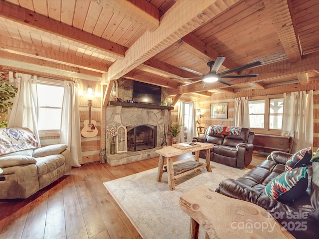 living room with wood ceiling, a fireplace, beamed ceiling, and hardwood / wood-style flooring