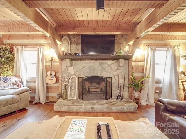 sitting room with beam ceiling, hardwood / wood-style floors, wooden ceiling, and a fireplace