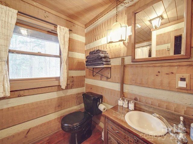 bathroom with vanity, wood ceiling, toilet, and wood walls