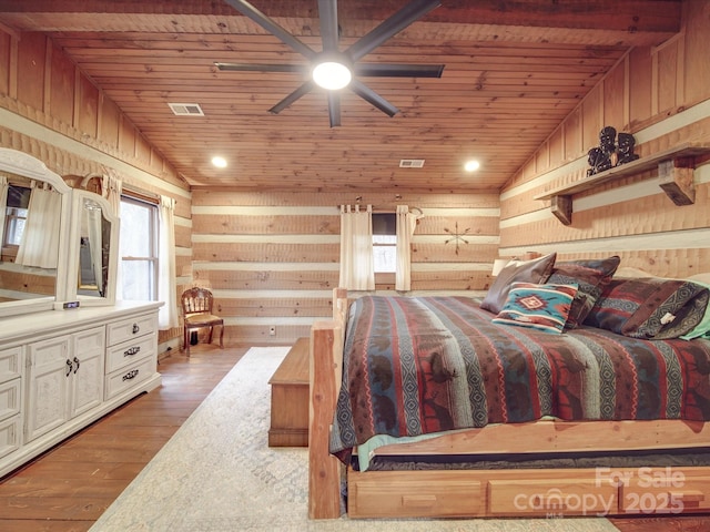 bedroom featuring lofted ceiling, wooden ceiling, and wood walls