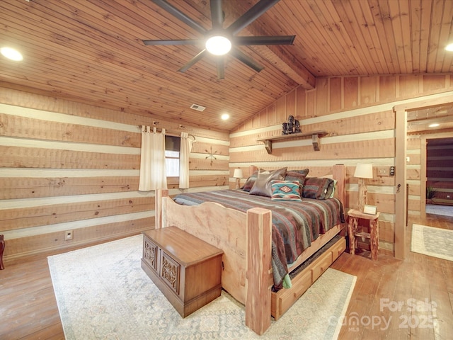 bedroom featuring wooden ceiling, wooden walls, lofted ceiling with beams, and light wood-type flooring