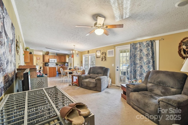 living room with ornamental molding, light carpet, and a textured ceiling