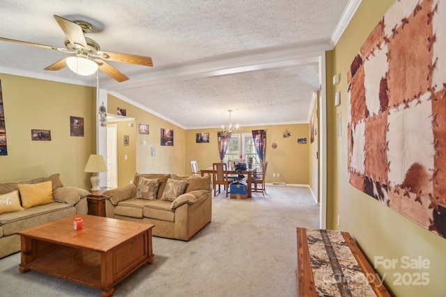 carpeted living room featuring crown molding and a textured ceiling