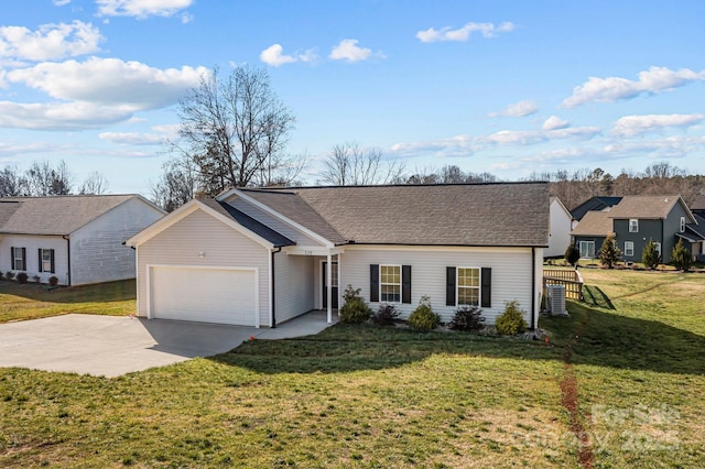 single story home with a front lawn, central AC unit, and a garage