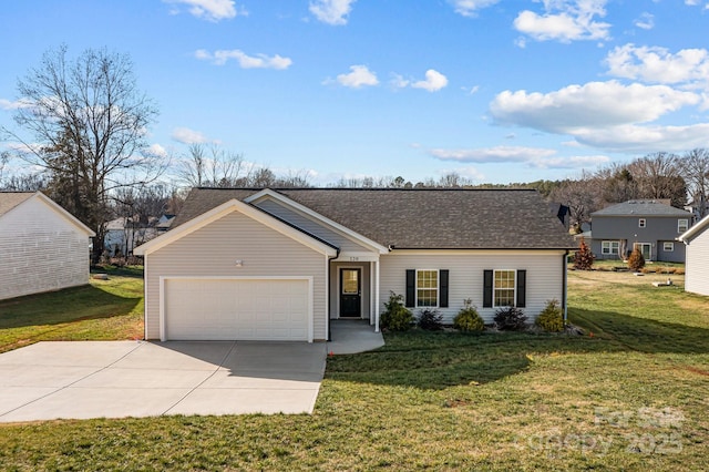 ranch-style house with a garage and a front lawn