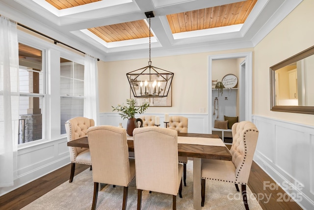 dining area featuring coffered ceiling, wood ceiling, hardwood / wood-style flooring, an inviting chandelier, and beamed ceiling