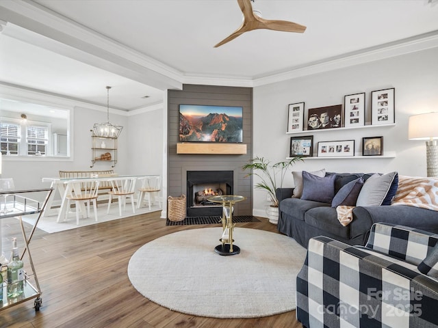 living room featuring a large fireplace, wood-type flooring, ceiling fan with notable chandelier, and ornamental molding