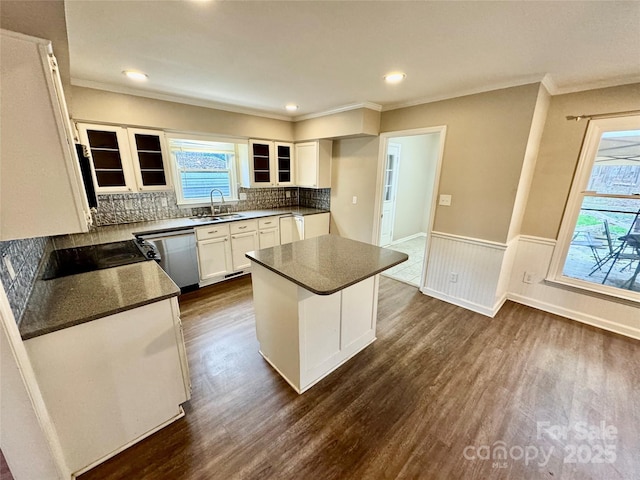 kitchen with white cabinets, sink, stainless steel dishwasher, dark hardwood / wood-style floors, and a kitchen island