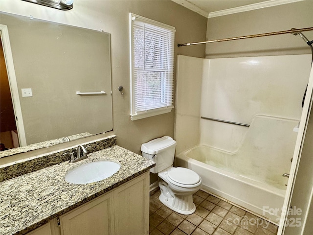 full bathroom featuring shower / bathing tub combination, vanity, crown molding, tile patterned flooring, and toilet