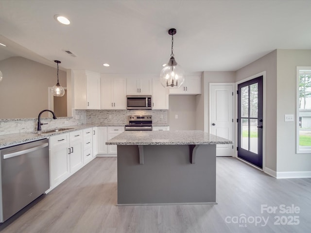 kitchen with a sink, visible vents, white cabinets, appliances with stainless steel finishes, and backsplash