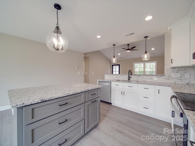 kitchen featuring electric range, a sink, visible vents, backsplash, and dishwasher