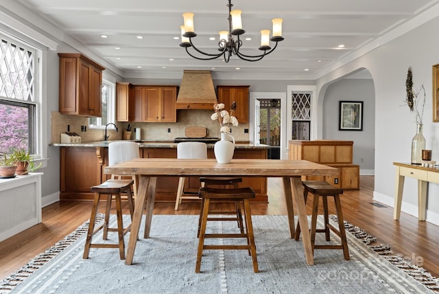 kitchen with decorative backsplash, premium range hood, an inviting chandelier, and a healthy amount of sunlight