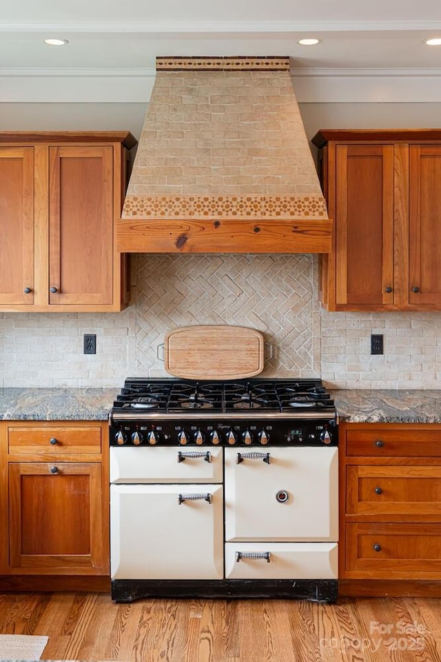 kitchen featuring decorative backsplash, high end range, light stone counters, and custom exhaust hood