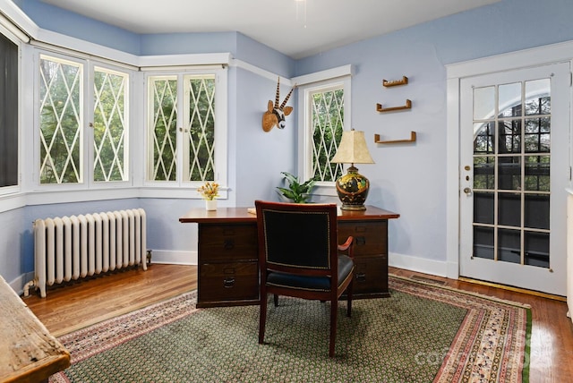 office space with hardwood / wood-style flooring and radiator heating unit