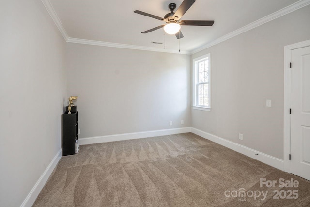 unfurnished room with light carpet, ceiling fan, and ornamental molding