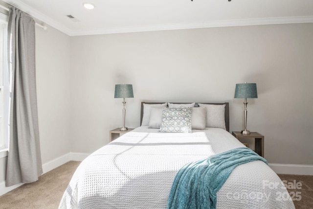 bedroom with light carpet and ornamental molding