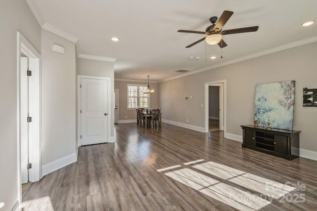 unfurnished living room with dark hardwood / wood-style flooring, crown molding, and ceiling fan with notable chandelier