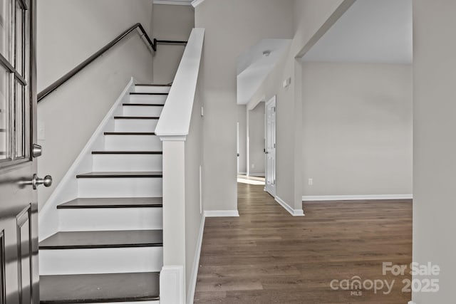 stairway with hardwood / wood-style flooring