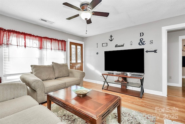 living room with hardwood / wood-style flooring, ceiling fan, and a textured ceiling