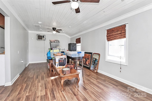 dining room featuring wood ceiling, a healthy amount of sunlight, and hardwood / wood-style floors