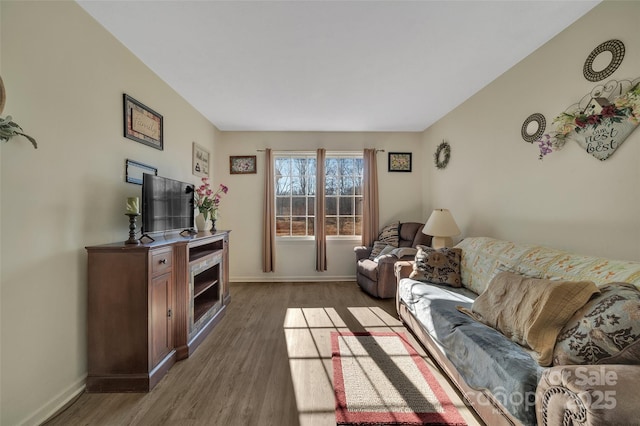 living room featuring dark wood-type flooring