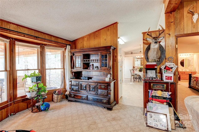 interior space featuring a textured ceiling, wood walls, light colored carpet, and lofted ceiling