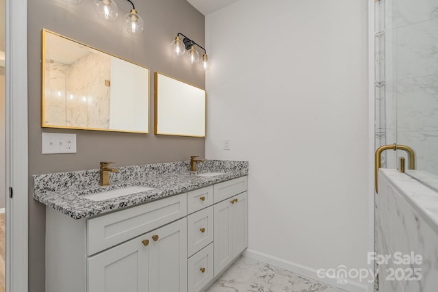 bathroom featuring vanity and a shower with door