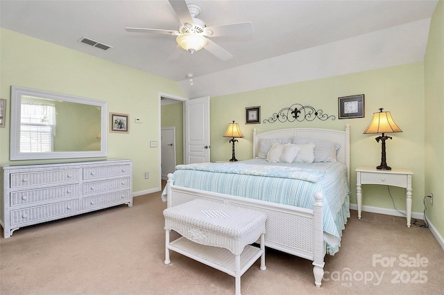 bedroom featuring light carpet, ceiling fan, and lofted ceiling