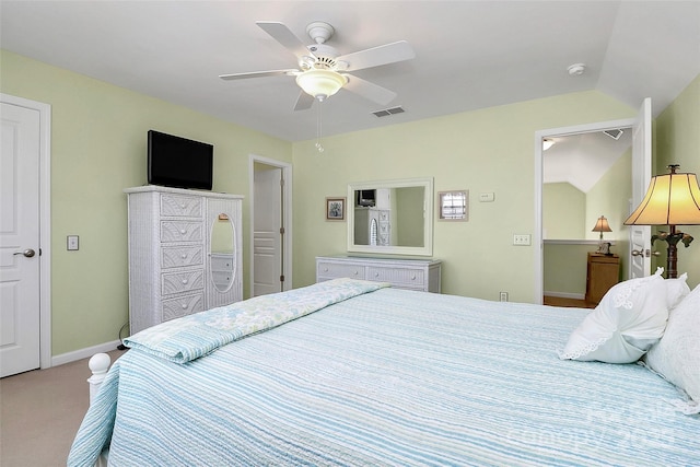 bedroom with ceiling fan, carpet, and lofted ceiling