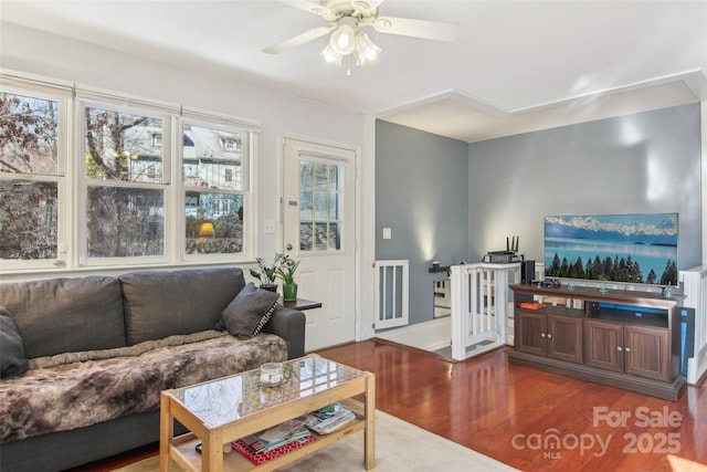 living room featuring hardwood / wood-style flooring and ceiling fan