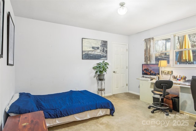 bedroom featuring light colored carpet