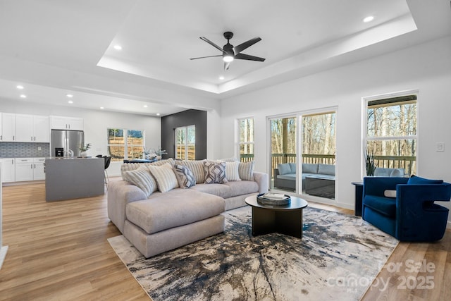 living room featuring plenty of natural light, a raised ceiling, and light wood-type flooring