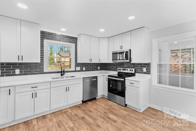 kitchen with white cabinets, stainless steel appliances, tasteful backsplash, and sink