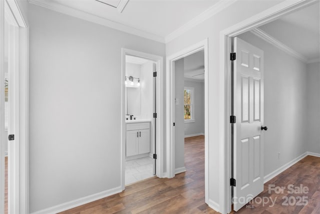 hallway with crown molding and wood-type flooring