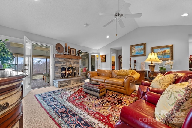 124 Muirfield Dr, Kings Mountain, NC 28086 - carpeted living area featuring ceiling fan, lofted ceiling, recessed lighting, and a fireplace