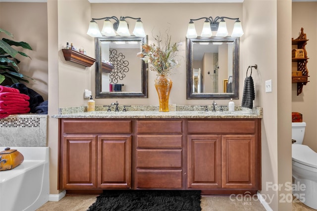 124 Muirfield Dr, Kings Mountain, NC 28086 - bathroom with toilet, a garden tub, double vanity, tile patterned flooring, and baseboards