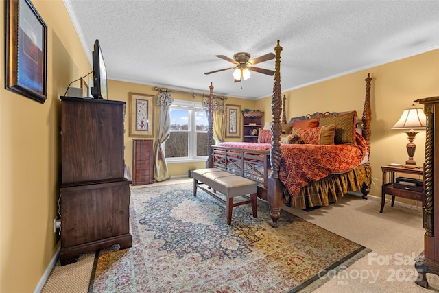 124 Muirfield Dr, Kings Mountain, NC 28086 - bedroom featuring crown molding, carpet floors, baseboards, a textured ceiling, and a ceiling fan