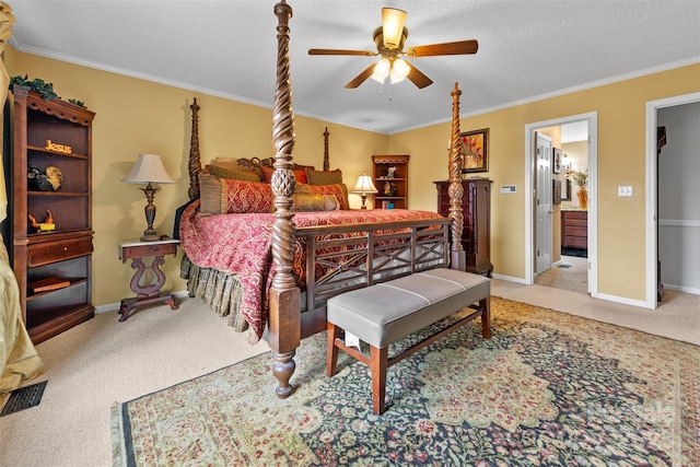 124 Muirfield Dr, Kings Mountain, NC 28086 - bedroom with carpet, crown molding, baseboards, ensuite bathroom, and ceiling fan