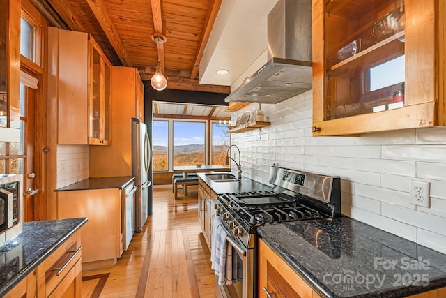 kitchen featuring stainless steel appliances, sink, hanging light fixtures, island range hood, and beam ceiling