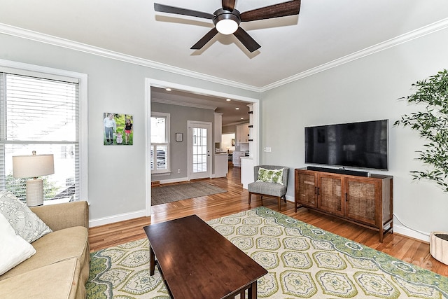 living room featuring hardwood / wood-style flooring, crown molding, and ceiling fan