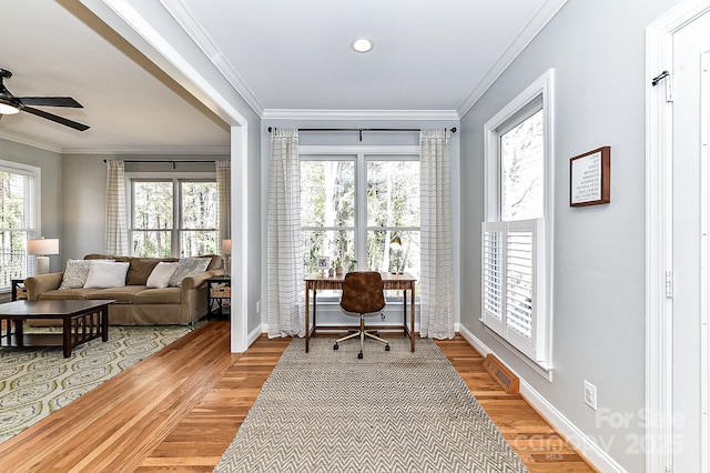 office area featuring crown molding, wood-type flooring, and ceiling fan